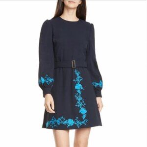 Ted Baker Zephyra Bluebell Embroidered Long Sleeve Dress Navy Size 4